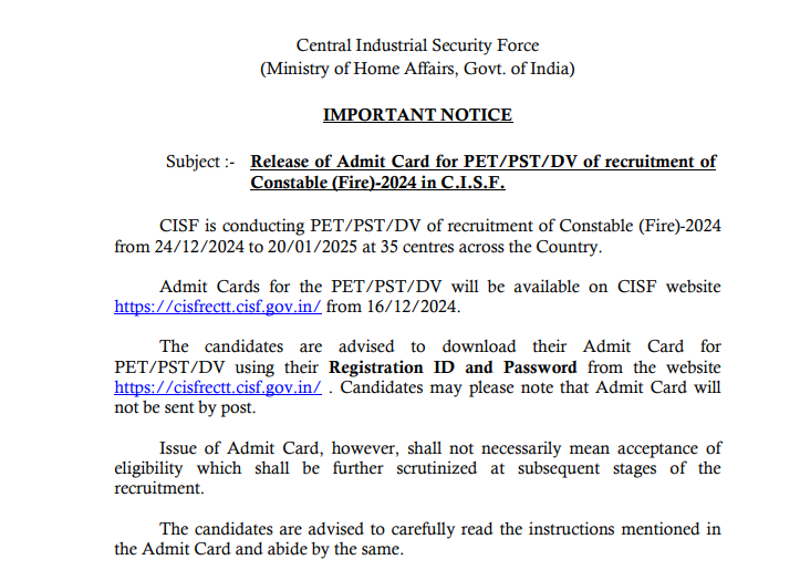 CISF Constable Fire PET / PST / DV Exam Date 2024