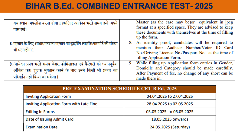 Bihar CET BEd Admission Online form 2025